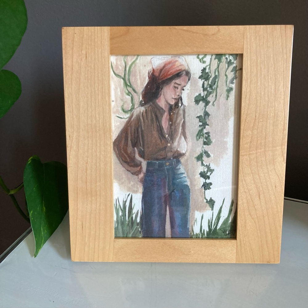 Bohemian Woman & Plants Art Print In Natural Wood Frame